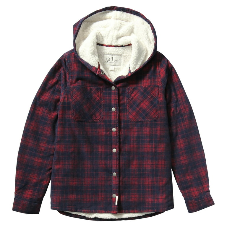 Soho Threads Womens Hooded Sherpa Shirt Jacket Blue Red Plaid XXL -  Walmart.com