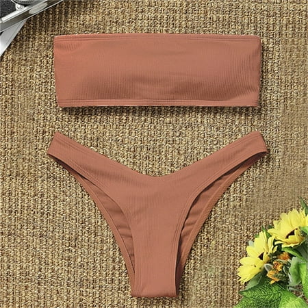 Chiccall Bandeau Bikini Set for Women Solid Strapless Ribbed High Cut Swimsuits Two Piece Bathing Suit on Clearance