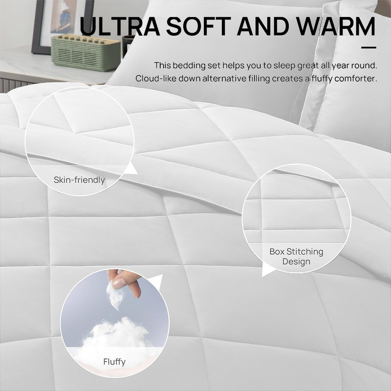 JUSTLET 3 Pieces Queen Comforter Set, Bed in a Bag, Machine Washable Bedding Set, White