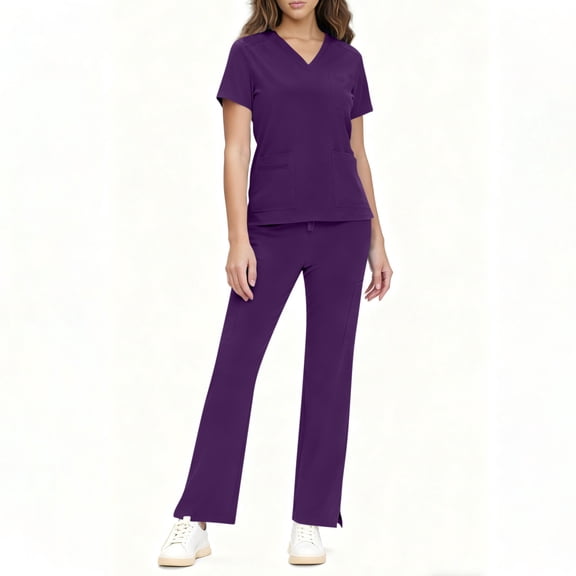 Antqov Scrubs for Women Set, Modern Solid Color V Neck Short Sleeve Loose Drawstring Pants with Multi Pockets, Daily Fashion Cozy Athletic Nursing Uniform Workwear