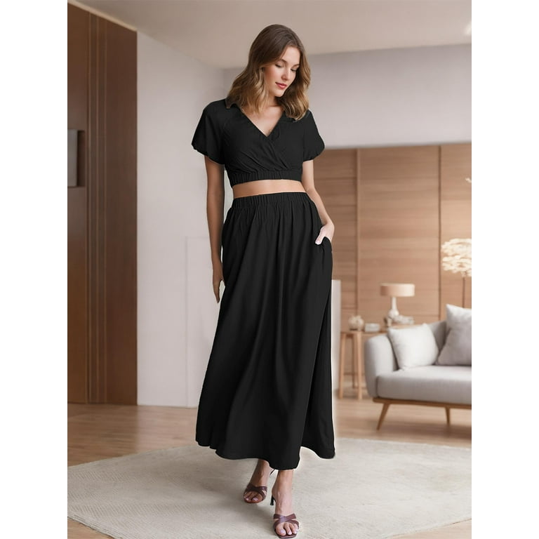 Weardear 2 Piece Skirt Sets for Women Outfits V Neck Puff Short Sleeve Crop Top and Flowy Maxi Skirt Set with Pockets Walmart