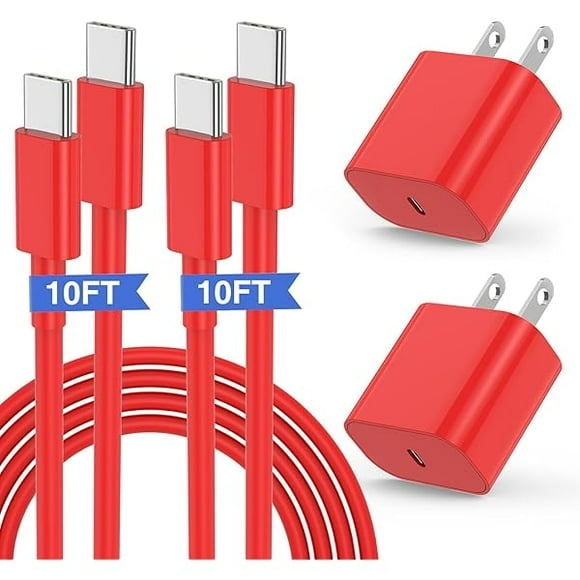 for iPhone 15 Fast Charger and 10ft Type C to C Cable Cord Long, 20W USB C Charging Block for Apple iPhone 15 Plus/15 Pro Max,iPad Pro 12.9/11 inch/4/3 th/Air/Mini,Wall Plug Power Adapter Cube Red