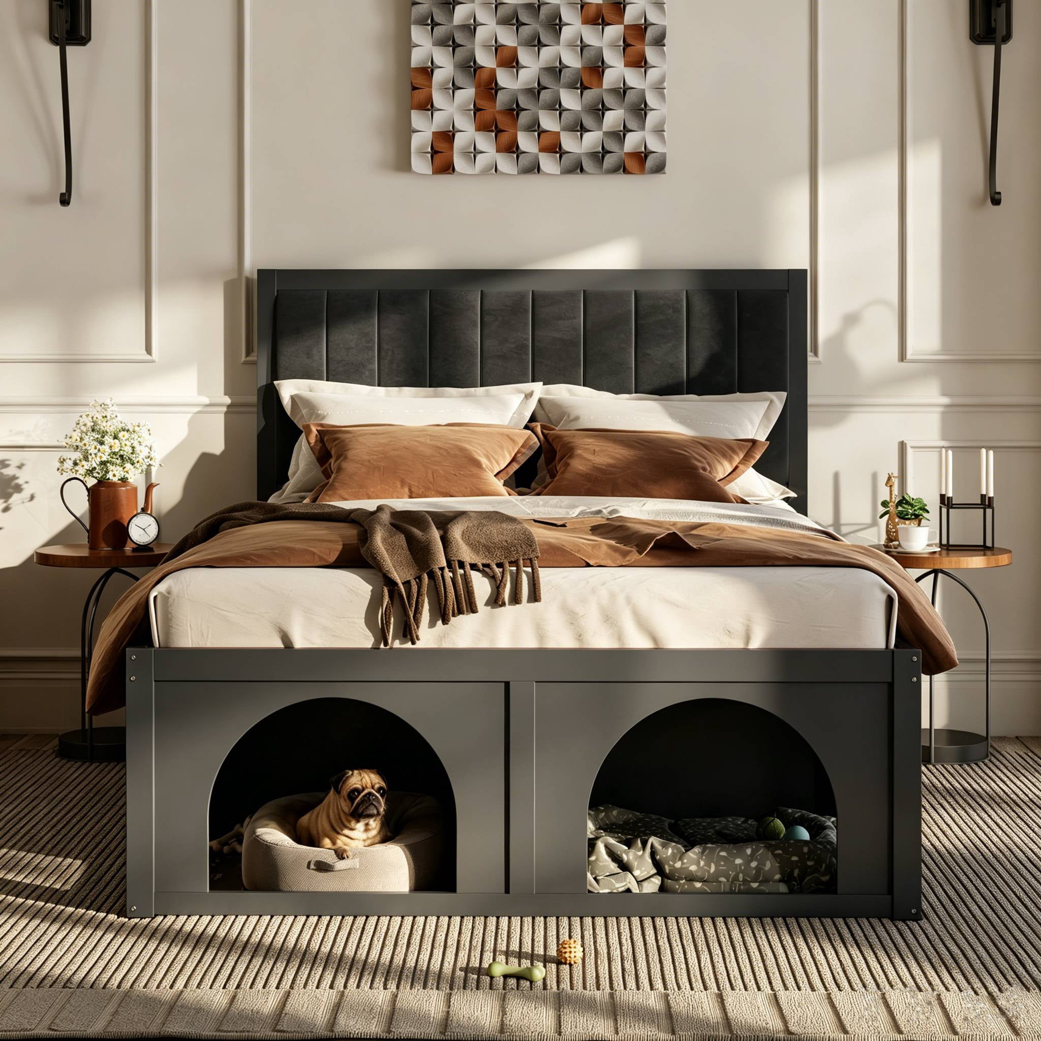 Mintazer Queen Size Upholstered Platform Bed Frame with Under‑Bed Pet Nook, Channel Tufted Headboard Bed for Bedroom, Light Grey