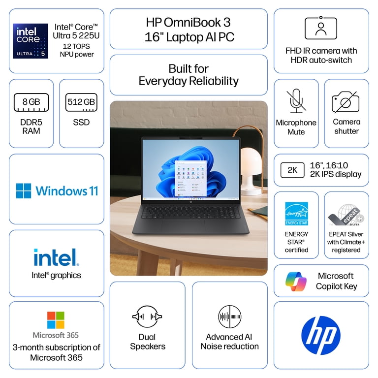 HP OmniBook 3 16 inch 2K IPS Windows Laptop AI PC Intel Core Ultra