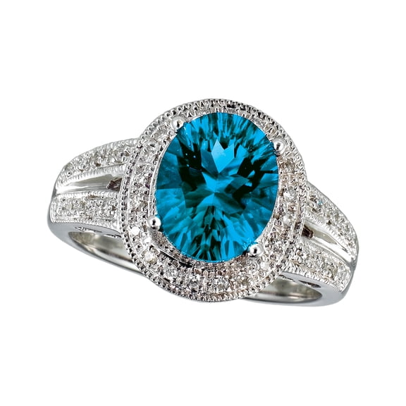 14k White Gold Large Blue Topaz And Diamond Ring