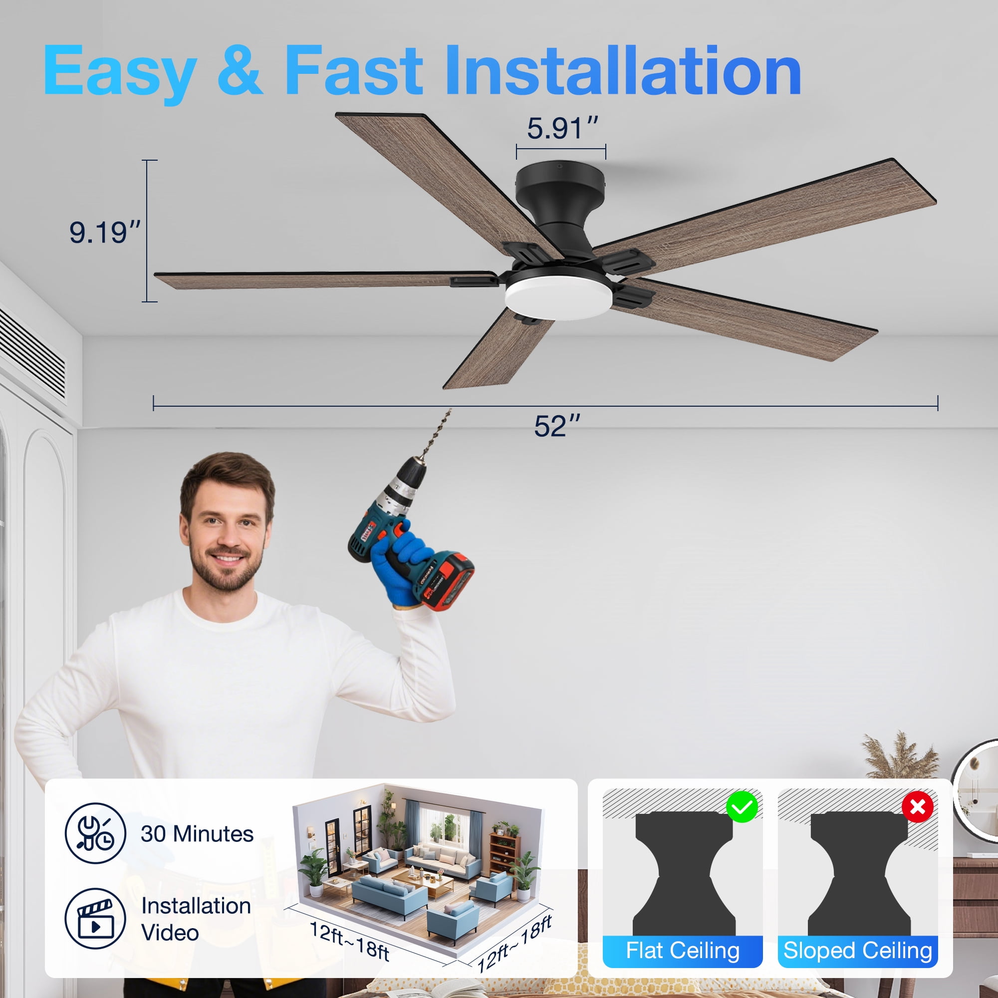 52” Smart Wood Flush Mount Ceiling Fans with Lights Remote,Quiet DC Motor,Outdoor Indoor Low Profile Ceiling Fan,Voice WIFI Alexa App Control,Dimmable,6-speed,for Modern Bedroom Patio