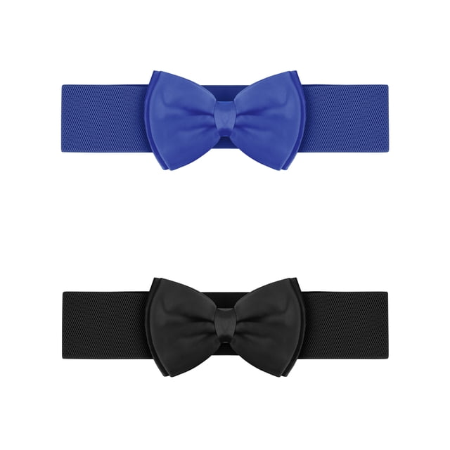 Cinturones elásticos de 2 piezas con lazo INSPIRE CHIC para mujeres, ancho de 2.4". Cinturón elegante y lindo, ajustable para cintura de vestido de boda de 24 a 32" en negro y azul real.