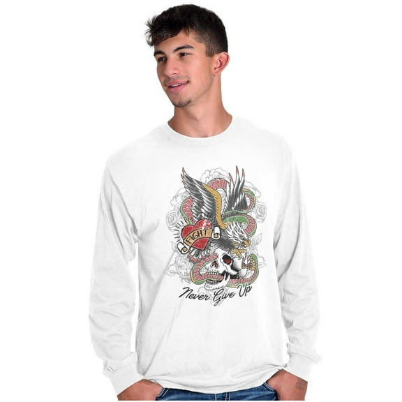 Never Give Up Fight Skull Tattoo Plus Size Long Sleeve Graphic Tee Shirt Brisco Brands 2X