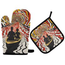 Yayeee Oven Mitts and Pot Holder Set of 4 Heat Resistant Kitchen Gloves Baking Hot Pad, Abstract Boat Ride