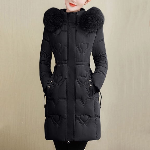 RYDCOT Long Winter Coats for Women Clearance Long Sleeve Warm Faux Fur Hooded Jacket Zipper Thickened Warm Cotton-Padded Coat Outwear on Clearance