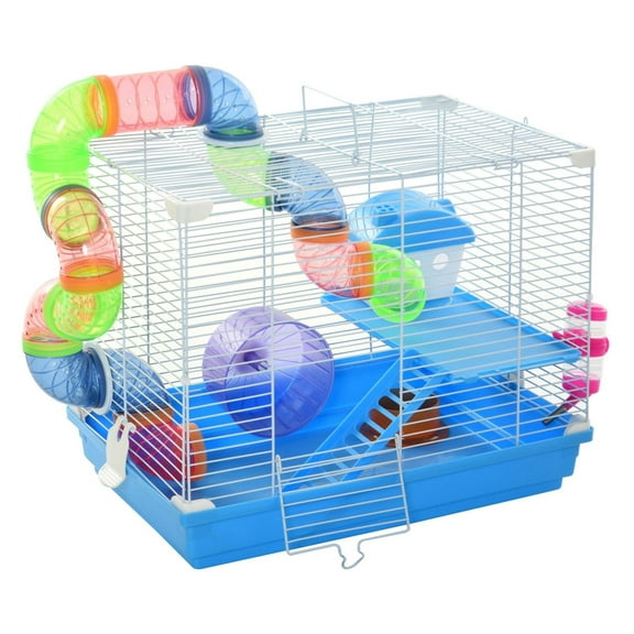 Hamster Cage 2-Tier Gerbil House with Handle, Anti-Pinning, Plastic Tray, Bottle & Dishes - Blue Small Animal Habitat