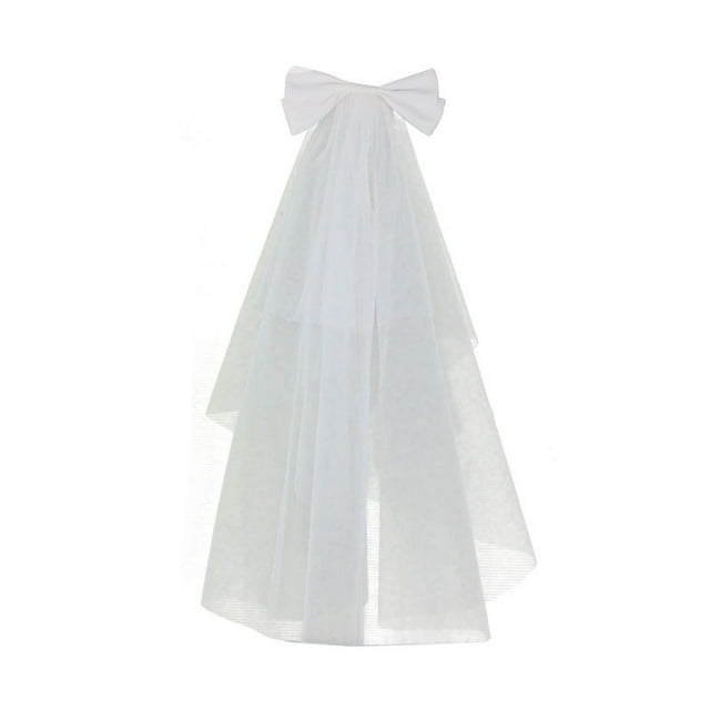 Granjero Gordo Velo de novia con apliques de encaje y nudo de lazo, velo de novia largo hasta la cadera de 2 niveles, velo de tul suave para novias (blanco)