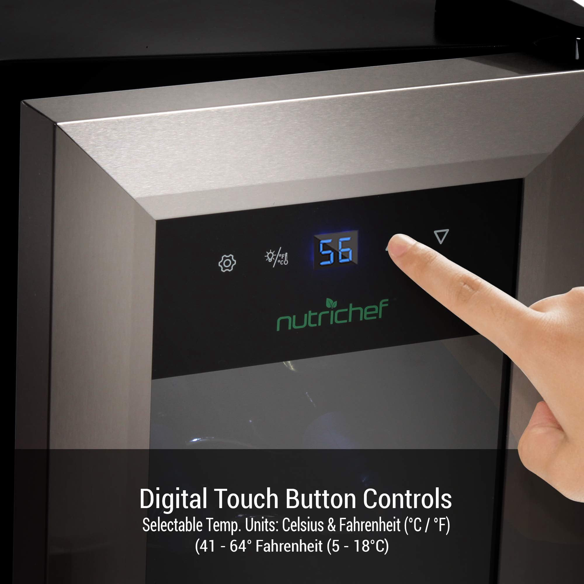 NutriChef PKCWC12 12 Bottle Cooler Refrigerator White and Red Countertop Chiller W/ Digital Control