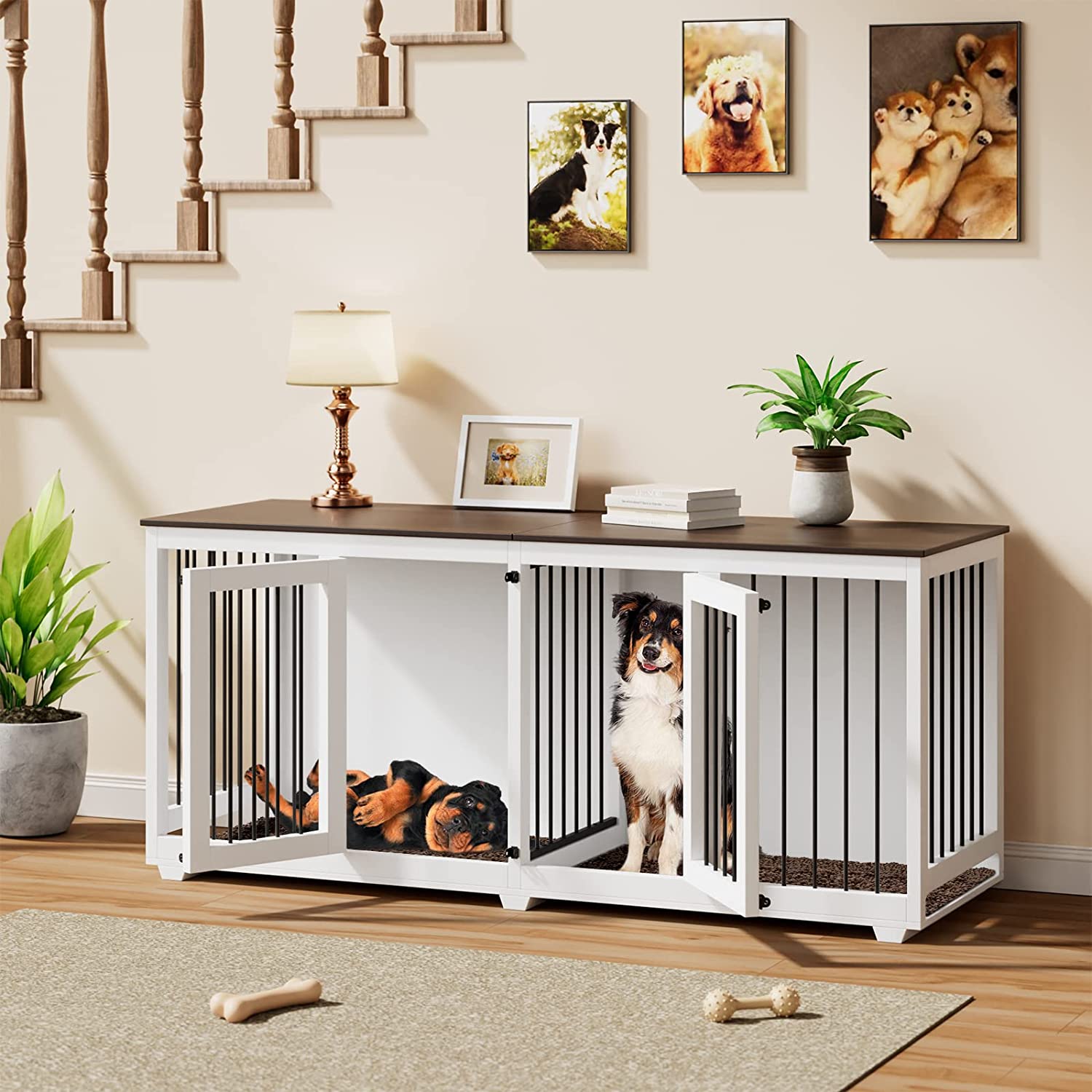 Lovinouse 71" Large Dog Crate Furniture, Wooden Dog Crate Kennel with Divider (Without Tray