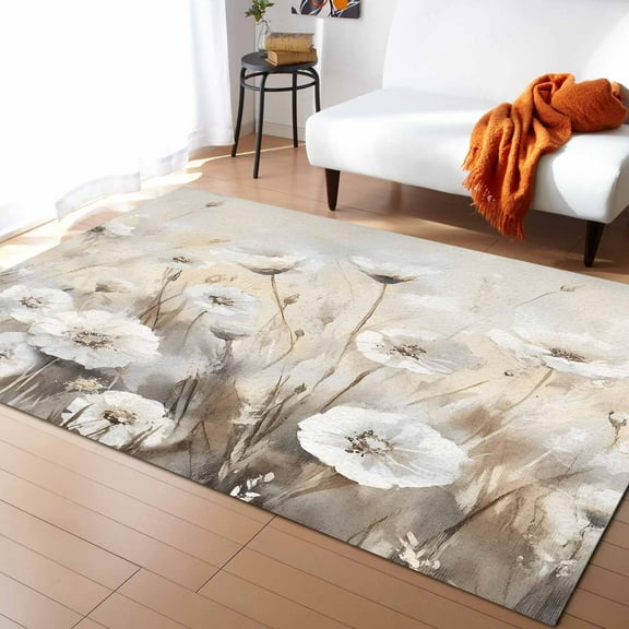Area Rugs Indoor Non-Slip Rectangle Rug 4x6 Ft White Flowers Watercolor Floral Vintage Plant Rug Rubber Backing Floor Mats Non Shedding Home Decor Carpet for Entryway Living Room