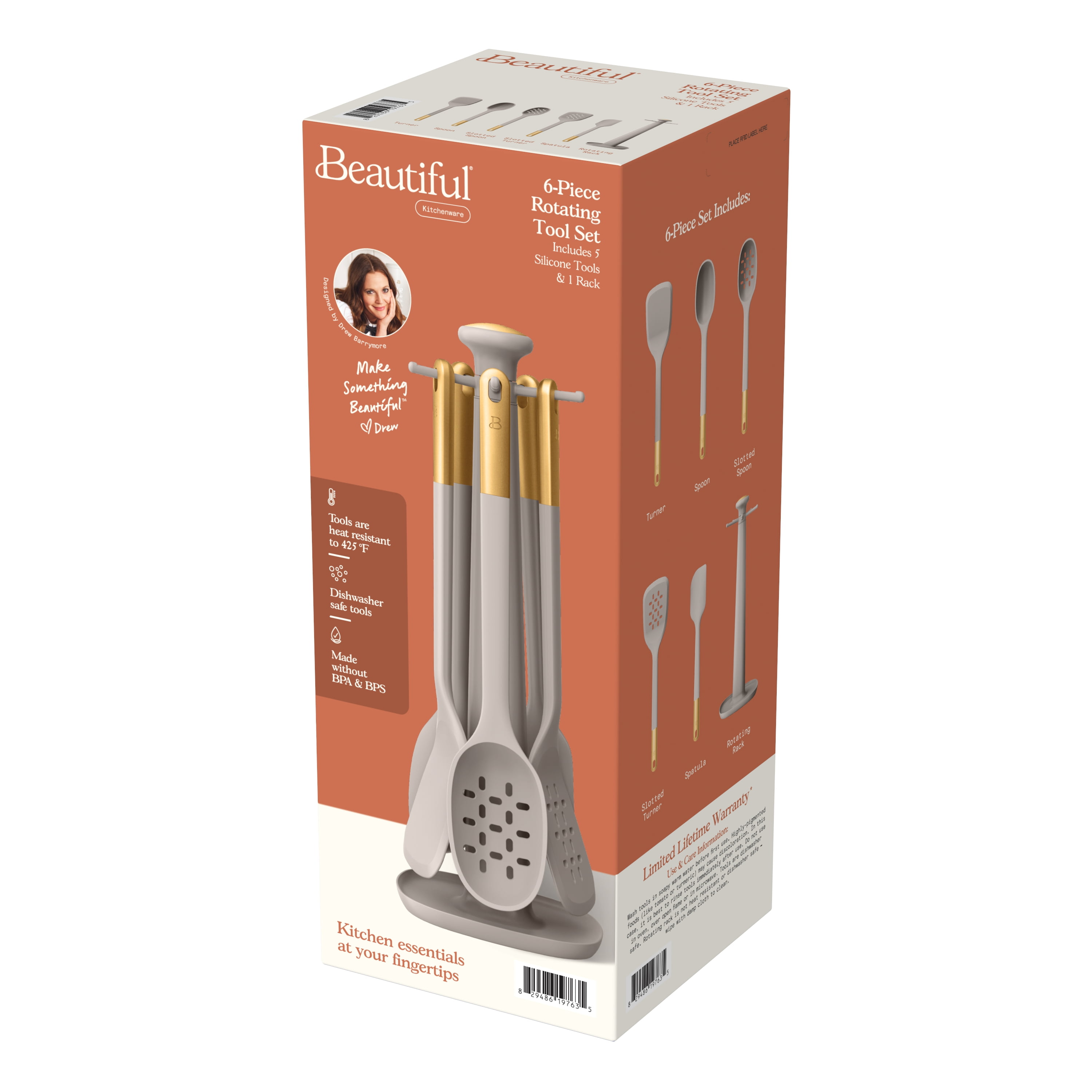 Beautiful 6-Piece Silicone Kitchen Utensil Tool Set with Rotating Rack by Drew Barrymore, Porcini Taupe