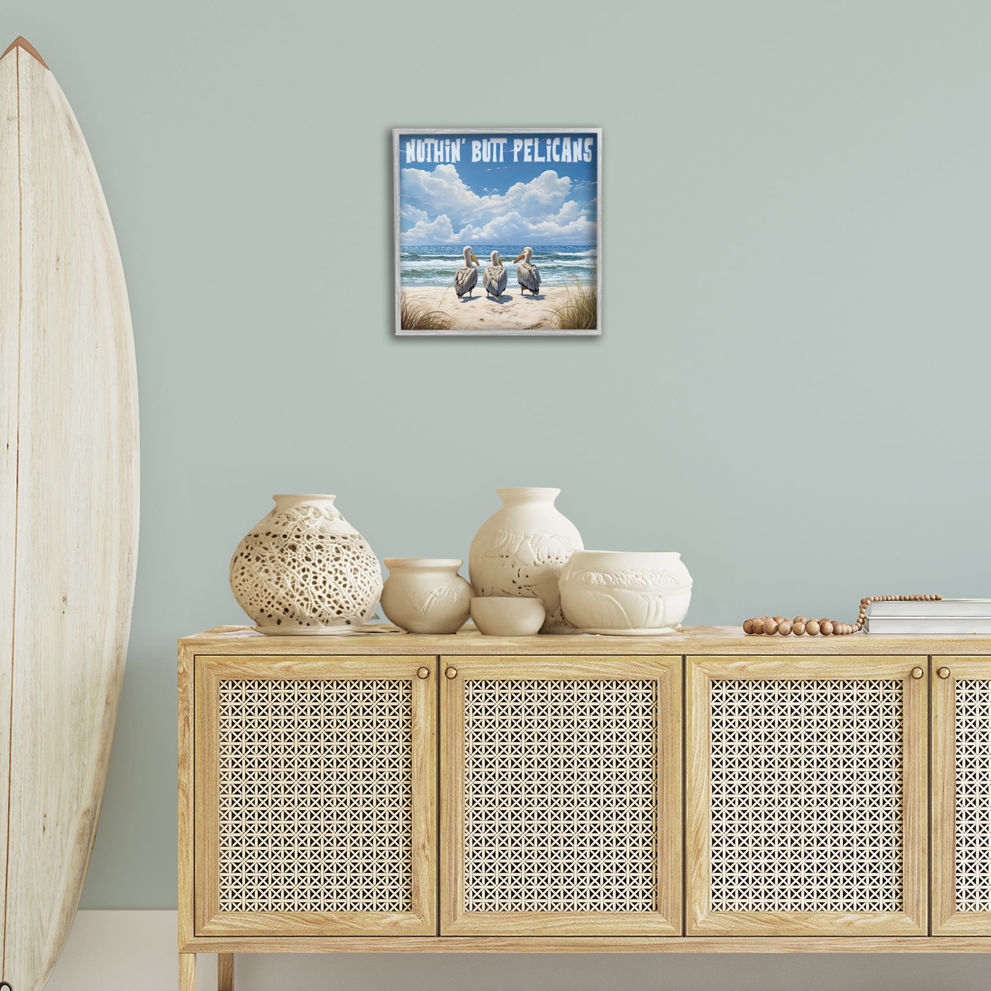 Stupell Industries Nuthin' Butt Pelicans Coastal Painting Gray Framed Art Print Wall Art, 17 x 17