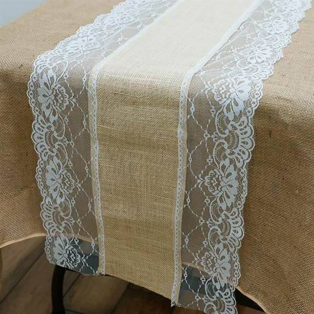 Natural Brown Burlap Table Runner, Lace Doily Round Table Runner