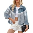 thumbnail image 3 of Women Cropped Denim Jacket Fringe Oversized Long Sleeve Womens Jean Shacket Coat with Tassel Fall Outwear Blue XL, 3 of 9