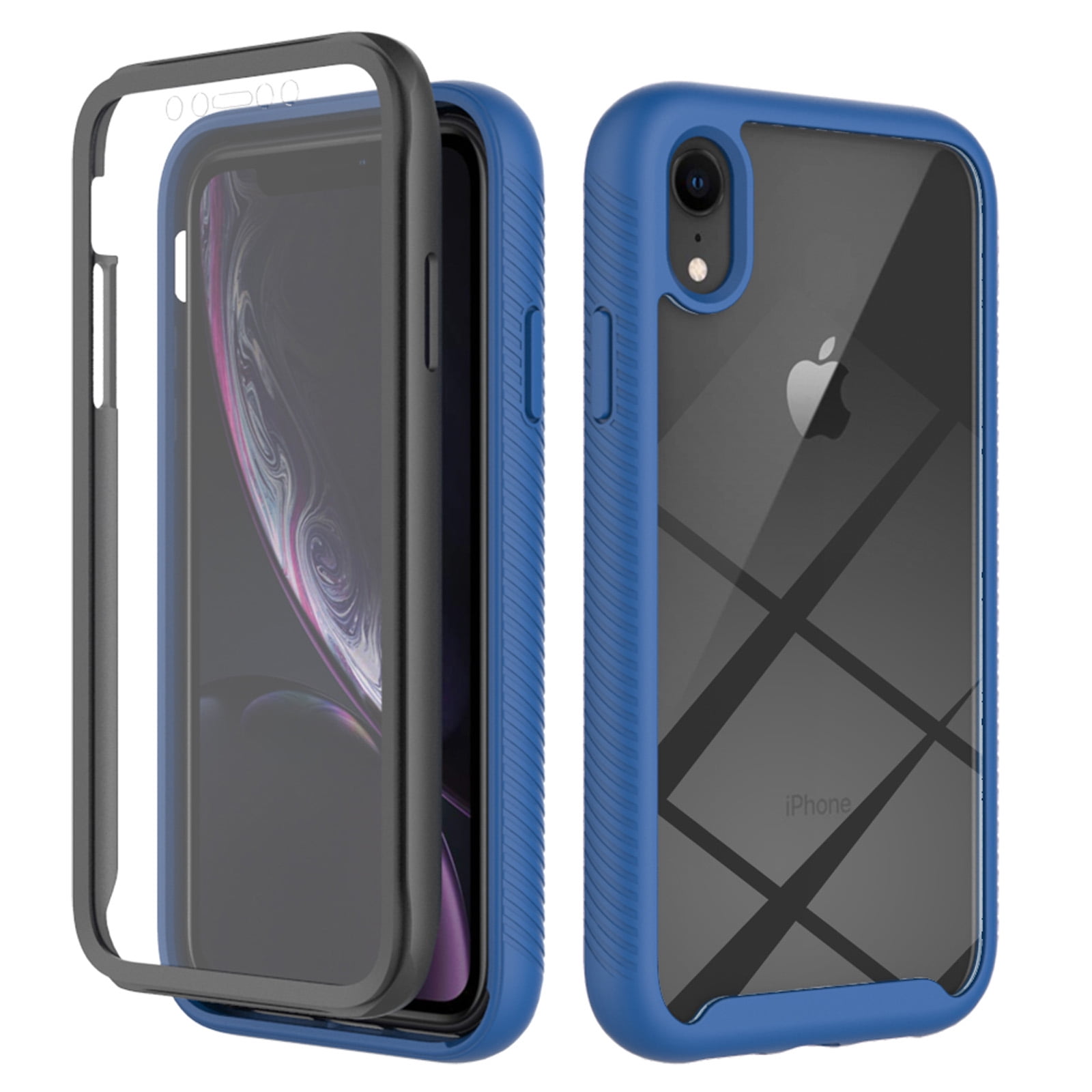Feishell iPhone XR Case Built-in Screen Protector Clear Rugged 360 Full Body Protective Shockproof Hard Back Soft TPU Defender Dual Layer Heavy Duty Bumper Anti-Scratch Cover Case, Darkblue