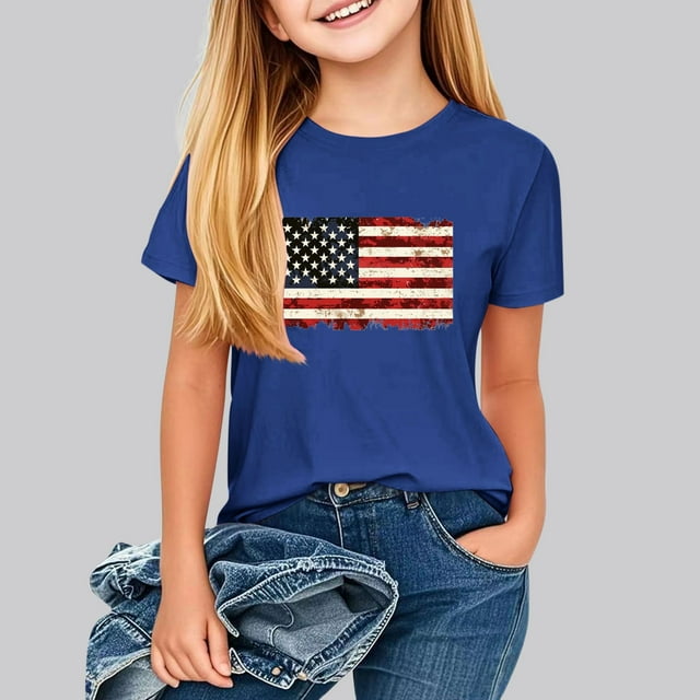 hengsof T-Shirt Imprimé à Thème Patriotique pour Filles, Manches Courtes, Col Rond, Ample et Confortable, Adapté aux Enfants de 2 à 13 Ans