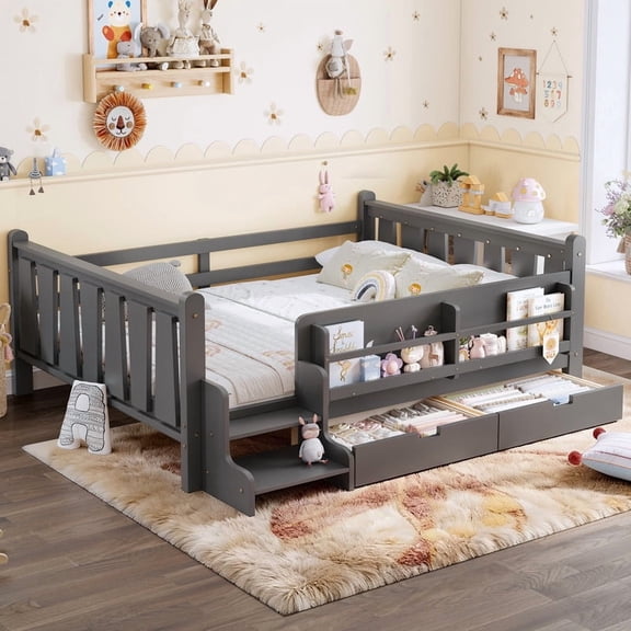Bellemave Full Size Floor Bed with Guardrails and Storage, Low Profile Montessori Bed Frame with Drawers, Bookcases and Stairs, Solid Wood Kids Bed with Slats, No Box Spring Needed (Gray)