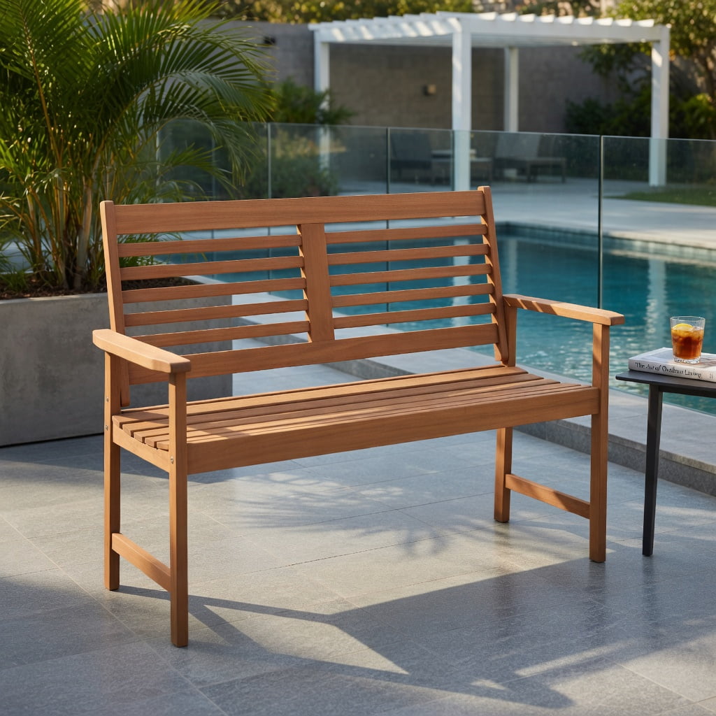 Hommoo Teak Solid Wood Outdoor Loveseat Bench, 2-Seat Patio Bench with Ergonomic Inclined Backrest, Slatted Ventilated Seat & Reinforced Crossbar Support, Natural