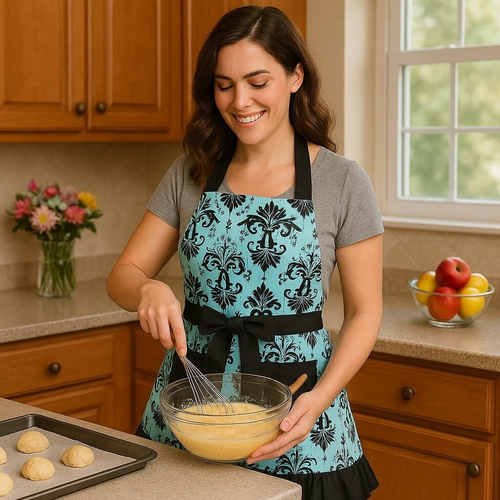 Cotton Vintage Damask Apron For Women, Adjustable Neck & Big Pocket, Blue & Black Cute Ruffle Kitchen & Baking Apron For Christmas Holiday Gift
