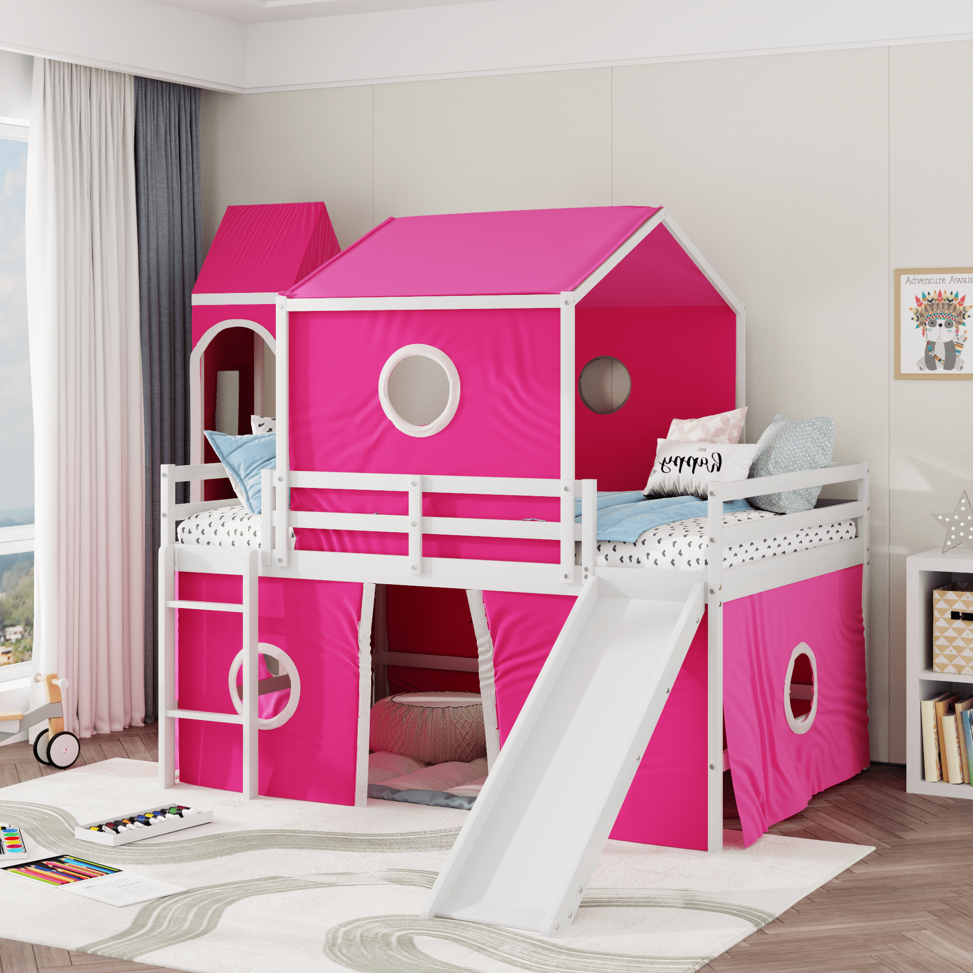 Powell Princess Castle Twin Size Tent Loft Bed with Slide, Pink
