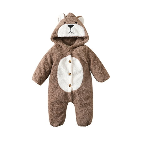 

Baby Romper Cartoon Bear Long Sleeve Hooded Jumpsuit with Buttons