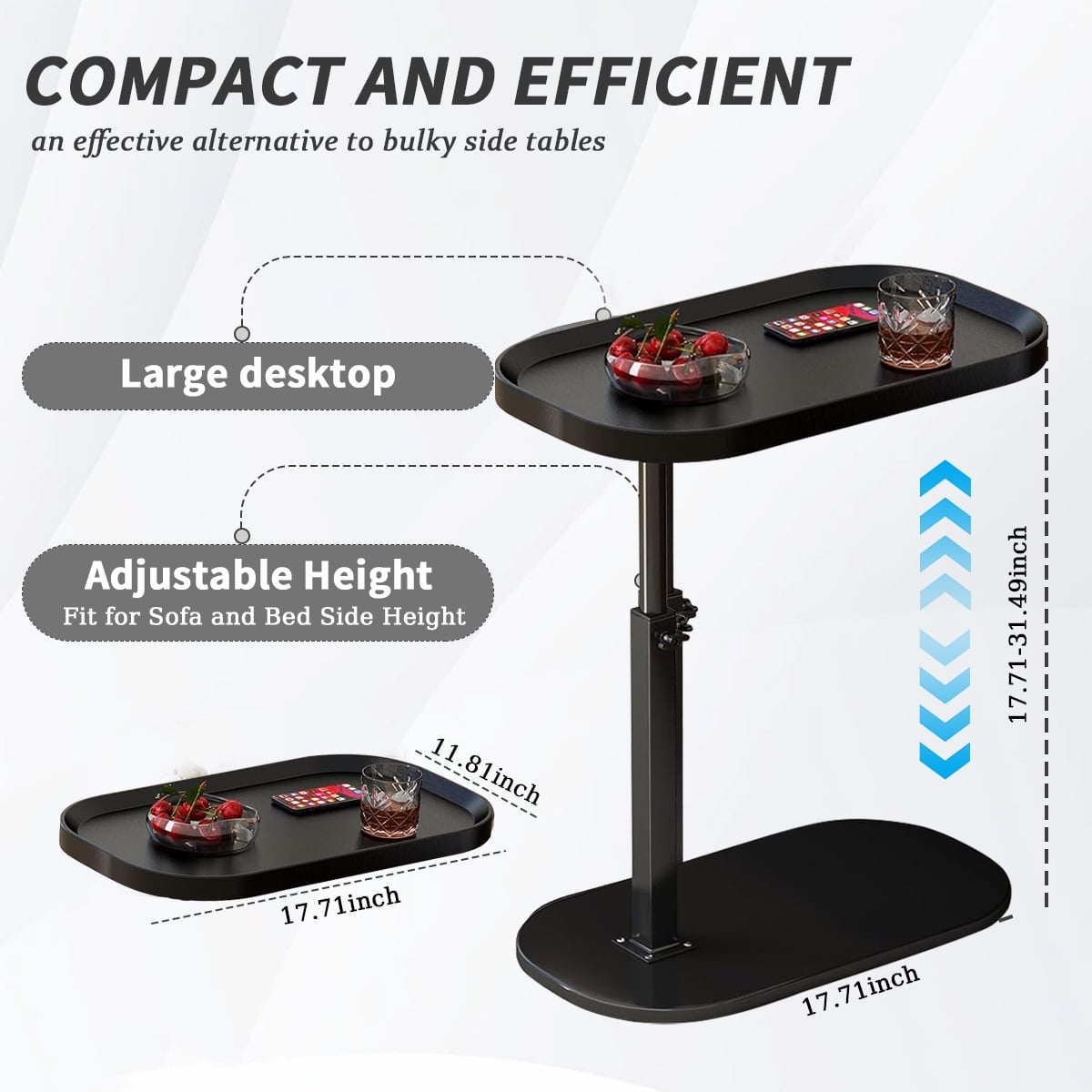 MONEHANE C-Shaped End Table, 360° Rotating Adjustable Height Couch Side Tables for Sofa / Bed / Bathtub, Black