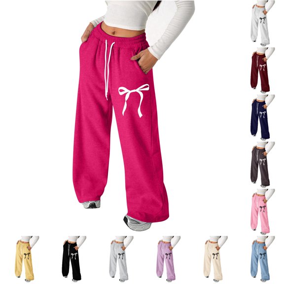 Zylarhe Pants for Girls Bowknot Baggy Sweatpants Lightweight Straight Leg Athletic with Pockets for Play Hot Pink 150