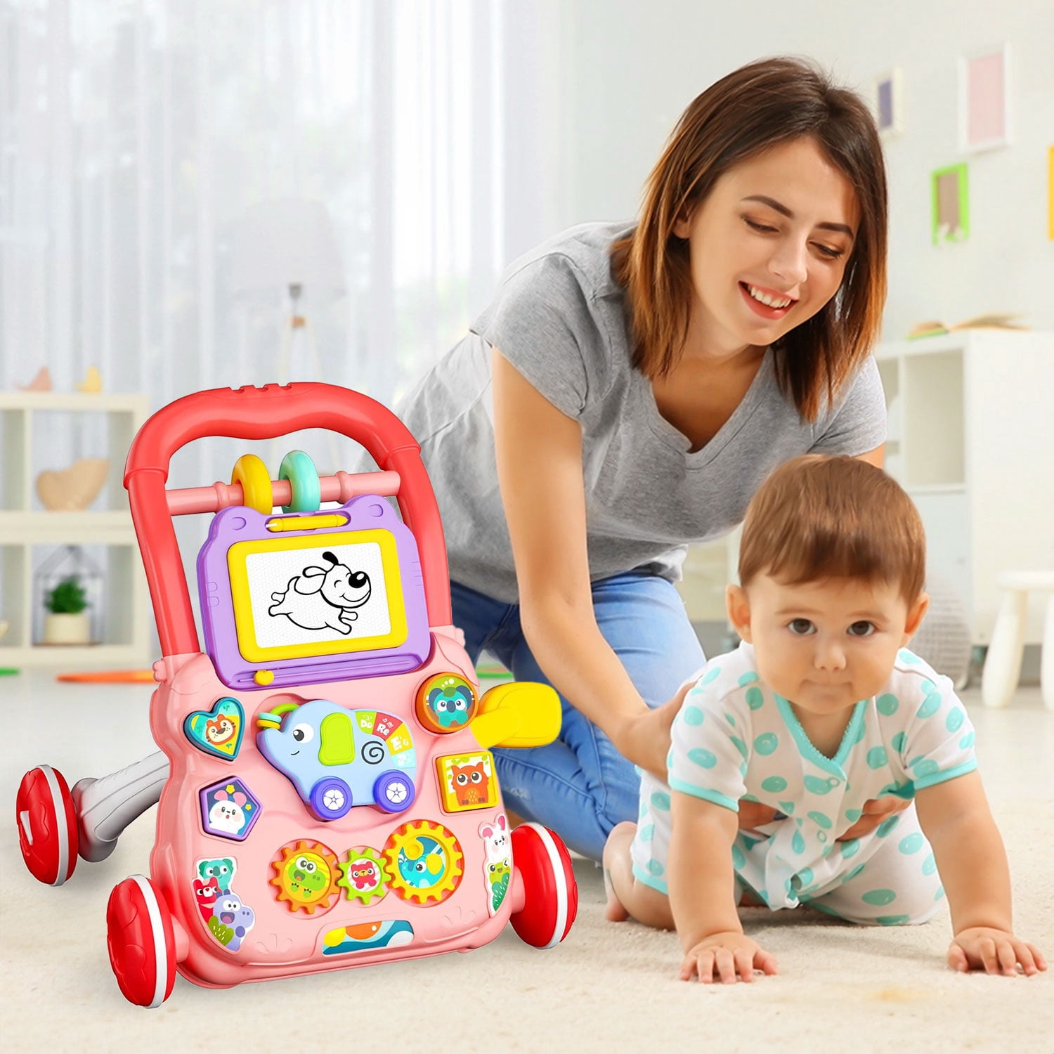 Hot Bee Sit-to-Stand Learning Walker, 2 in 1 Baby Walker with Drawing Board, Early Educational Activity Center