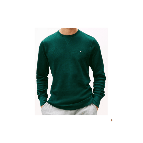 Tommy Hilfiger Logo Crew Waffle Knit Spruce Thermal Pajama Shirt Green Top M