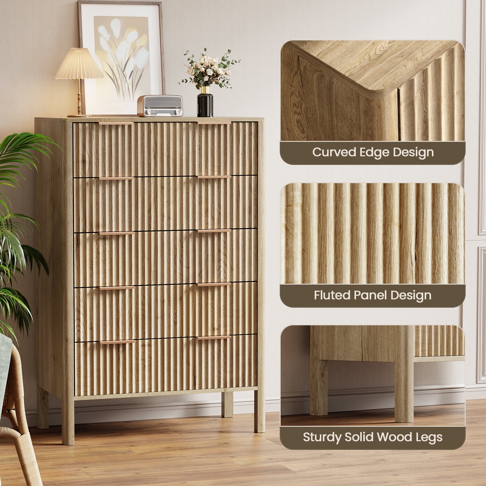 Fluted 5 Drawer Dresser for Bedroom 47" Wide Wooden Dresser TV Stand Modern Storage Organizer for Living Room, Hallway, Natural Oak
