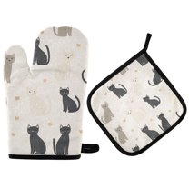 Yayeee Oven Mitts and Pot Holder Set of 4 Heat Resistant Kitchen Gloves Baking Hot Pad, Black Cute Cats