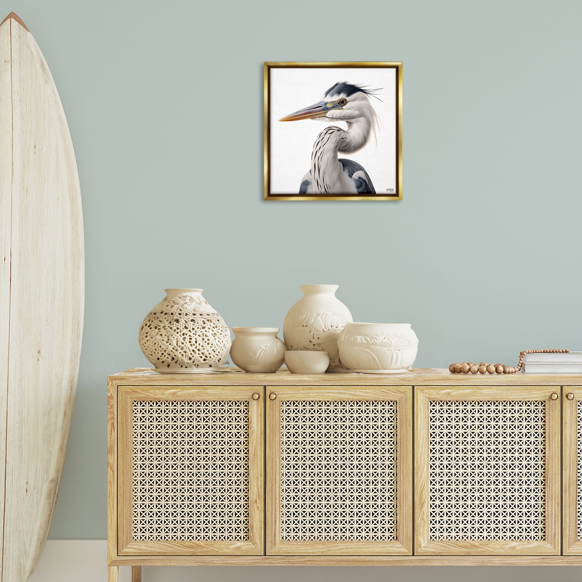 Stupell Industries Stoic Heron Looking Left Animals & Insects Painting Gold Floater Framed Canvas Art Print Wall Art, 18 x 18