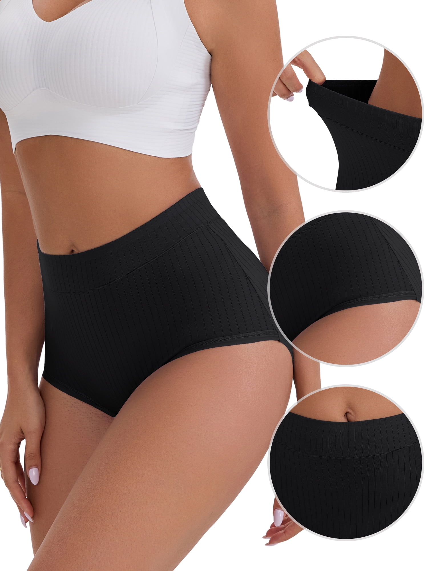 DARING DIVA Women's High-Waisted Cotton Underwear Briefs 3 Pcs M Black, Gray