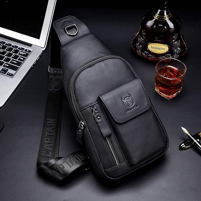 BULLCAPTAIN Genuine Leather Sling Bag for Men, Crossbody Chest Backpack with Adjustable Strap, Zipper Closure. , Black