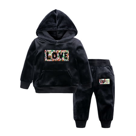 

Frobukio Kids Baby Girls Velvet Clothes Winter Sequin Letter Long Sleeve Hooded Tops Pants Casual Outfits Black 9-12 Months