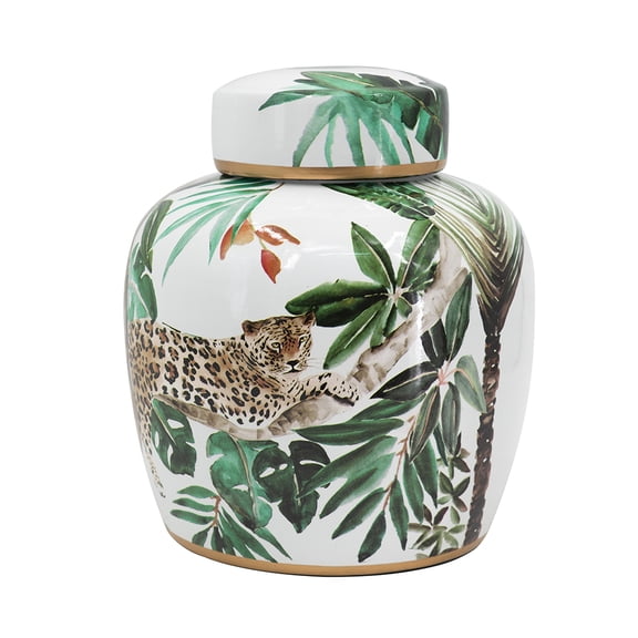 A&B Home Porcelain Green and White Leopard Ginger Jar 8" x 8" x 9.5"