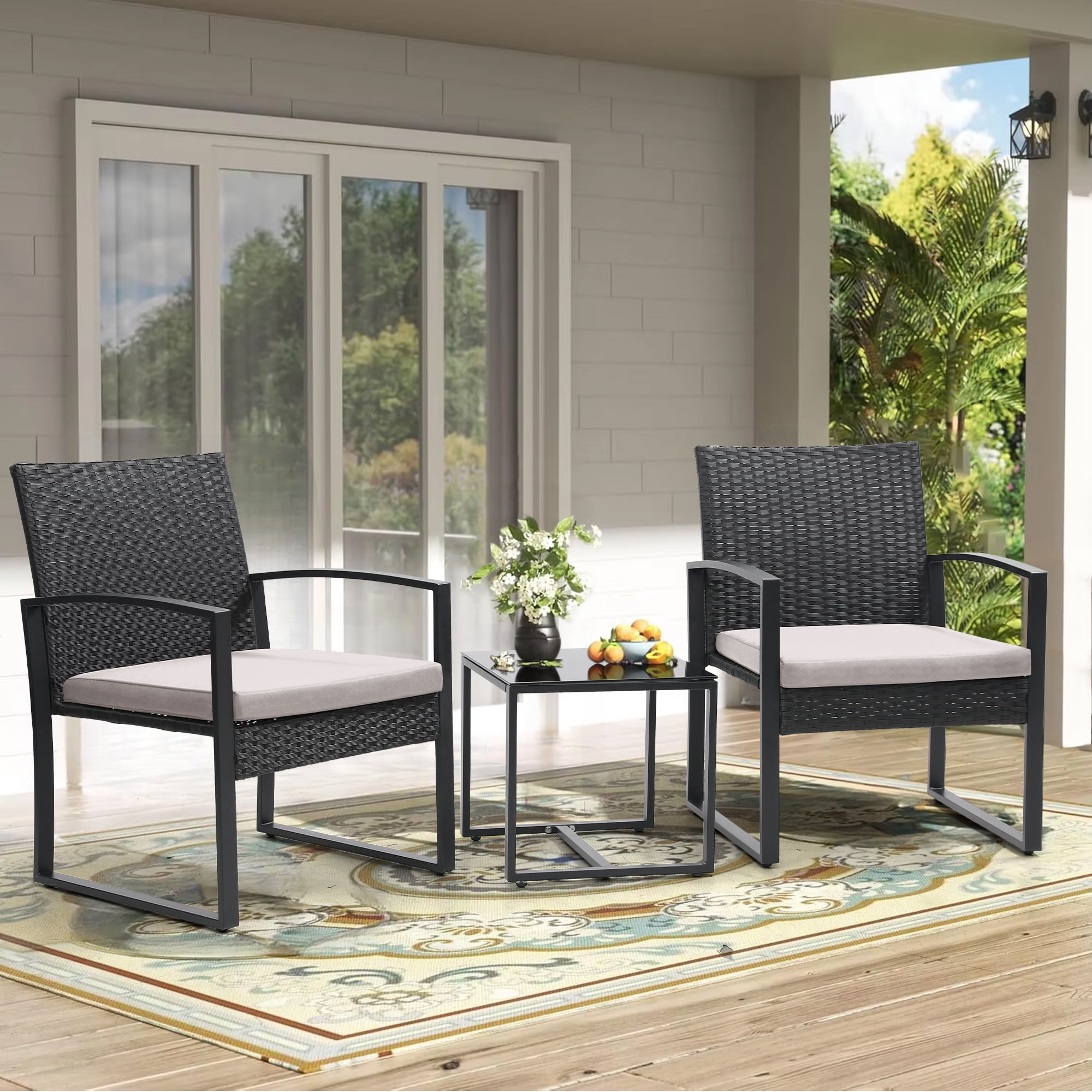 LOGYAT 3 Piece Wicker Patio Bistro Set, All-Weather Rattan Conversation Set with Glass Top Coffee Table, Perfect for Balcony, Porch, Poolside, Black Frame with Grey Cushion