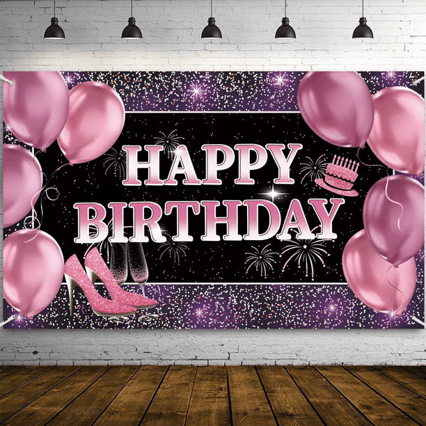 SAYTAY Happy Birthday Backdrop Fabric Glitter Rose Pink Birthday Background  Banner Balloons Heels Wine Glass Photography Backdrop Birthday Party  Decorations for Women Girls Birthday Supplies, 6 x  
