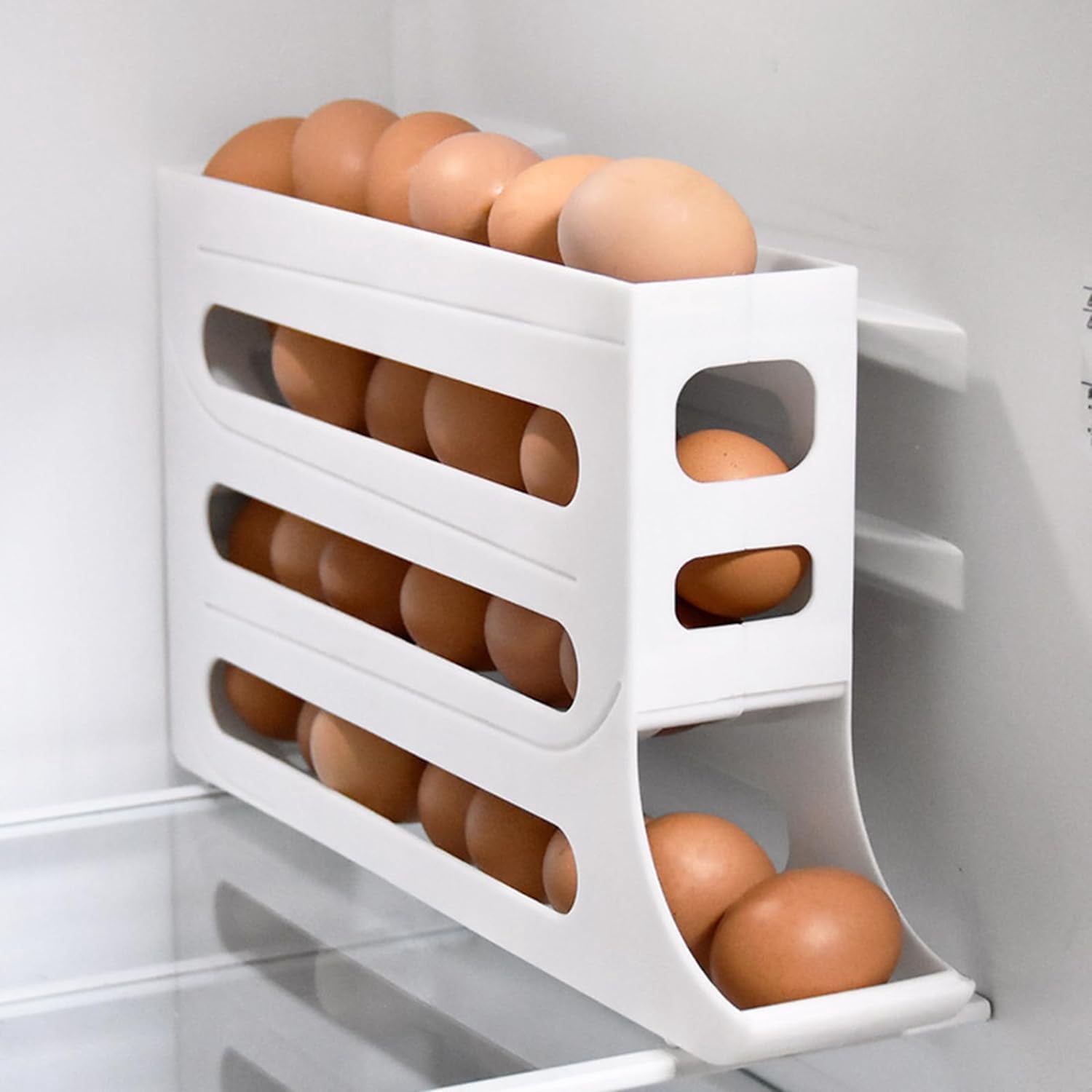 4 Tiers Egg Holder for Fridge Auto Rolling Fridge Egg Organizer Space-Saving Egg Dispenser Holder Large Capacity Eggs Dispenser Storage for Refrigerator Kichen Cabinet (Clear, 1pcs)