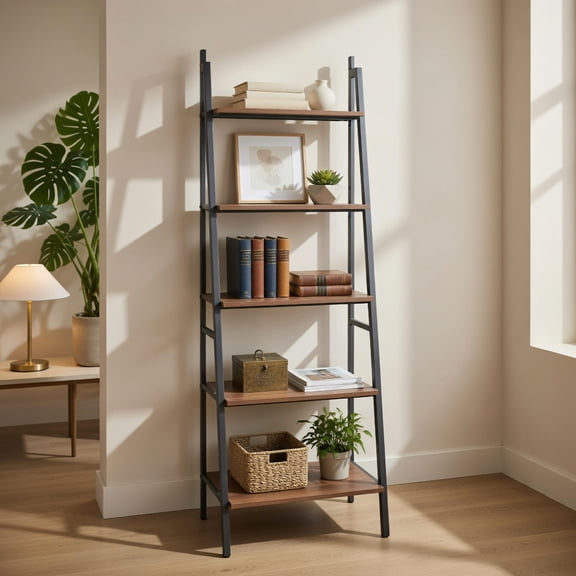 Spaco 5 Tier Leaning Bookshelf Wood Metal Bookcase, Tall Bookshelf, Shelves for Living Room, Home Office, Bedroom, Balcony