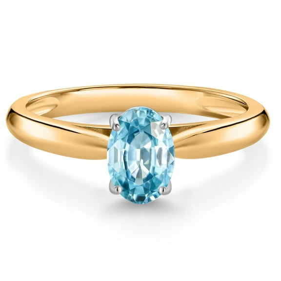 Gem Stone King 10K Yellow Gold Blue Zircon Solitaire Engagement Ring for Women (1.25 Cttw, Oval 7X5MM, Gemstone December Birthstone, Size 6)