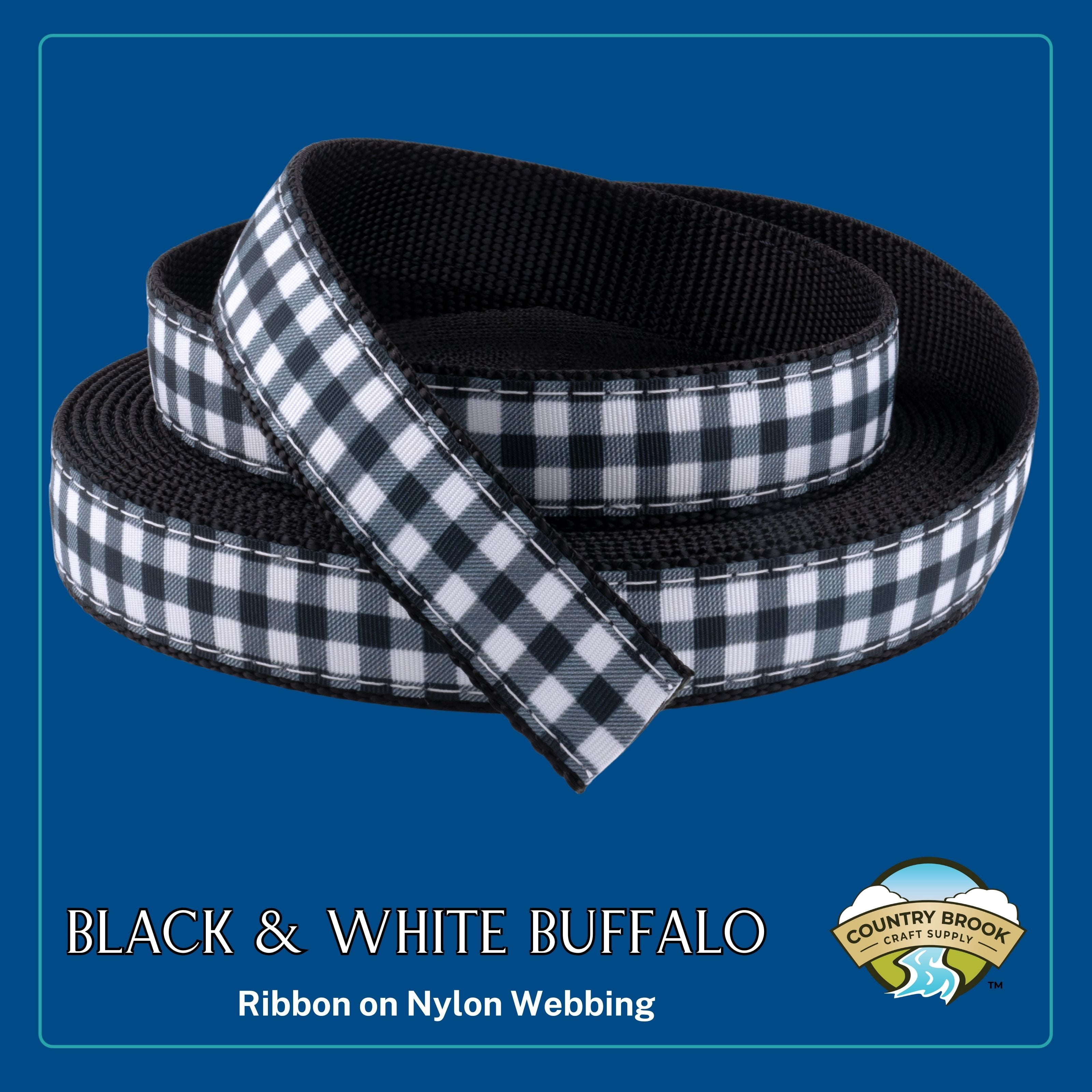 Country Brook Design - Black & White Buffalo Plaid Ribbon on Black Nylon Webbing (1 Inch, 10 Yards)