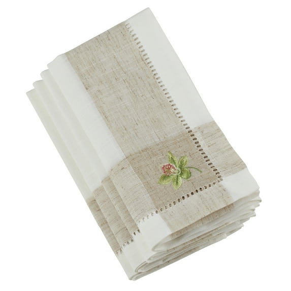 Fennco Styles Hommage Brodé Collection Cottage Orchid Embroidery Hemstitch Border Linen Blend 20 x 20 Inch Cloth Napkins – Ivory Diner Napkins for Wedding, Banquet, Tea Party and Home Décor