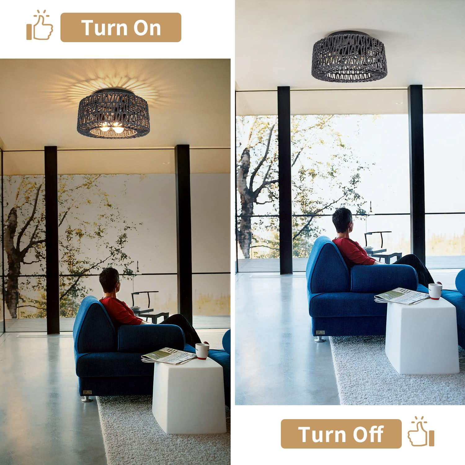 Lohas Led 3-Light Black Rattan Flush Mount Ceiling Light with  Hand-Woven Cage Shade for Hallway Bedroom