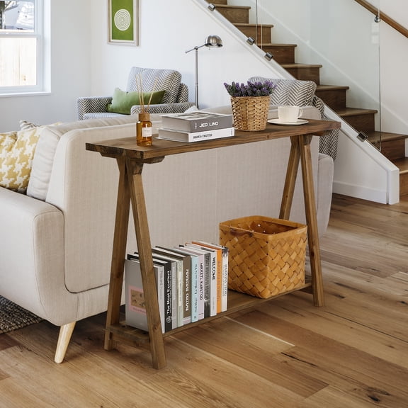 Solid Wood Console Tables, 43.3" Farmhouse 2-Tier Narrow Sofa Table, Rustic Entryway Table for Living Room